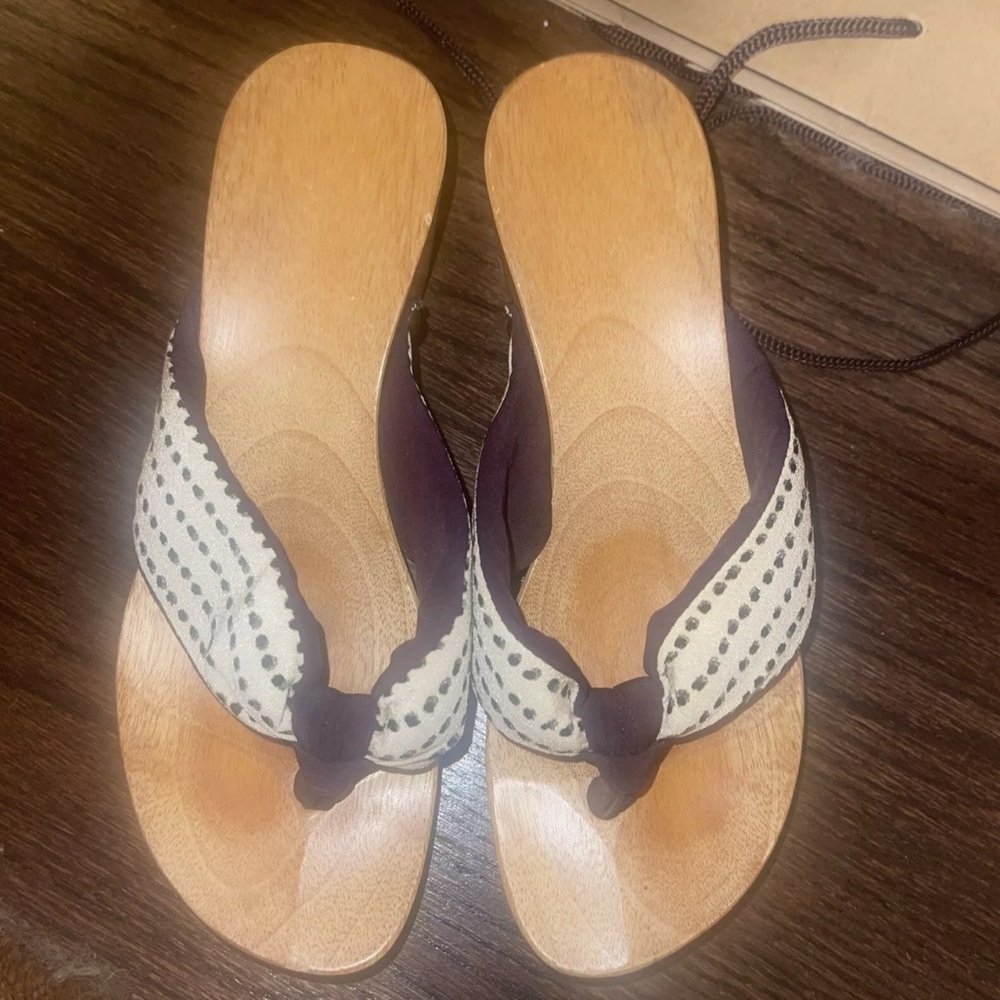 Wooden Slip On Thong Sandals Fabric Upper Wooden Insole Shoes Women's sz 5